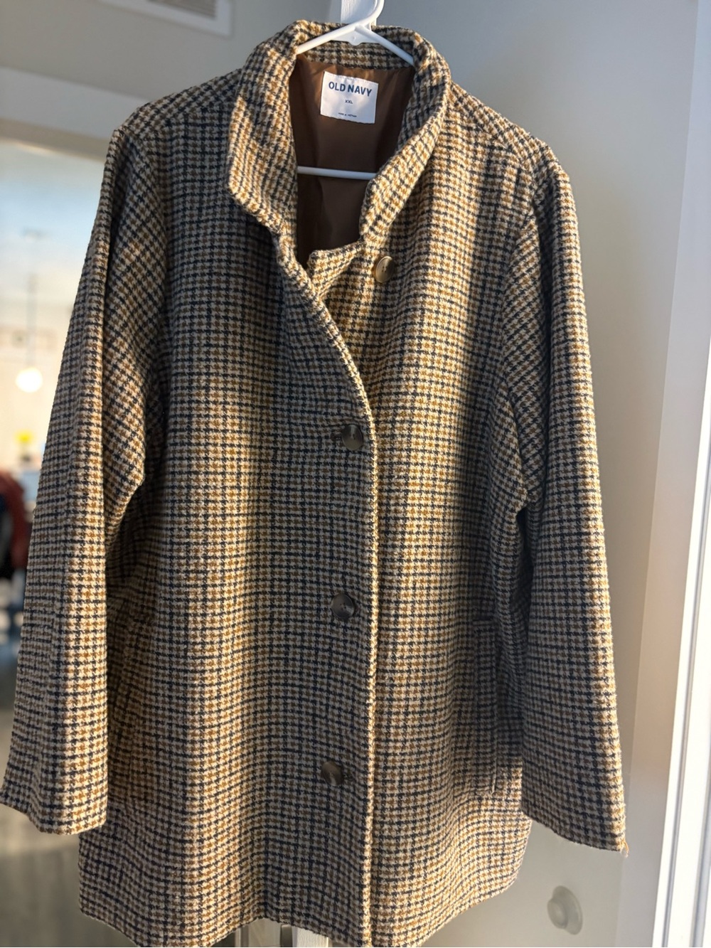 Old Navy Women's Tan and Black Houndstooth Pea Coat